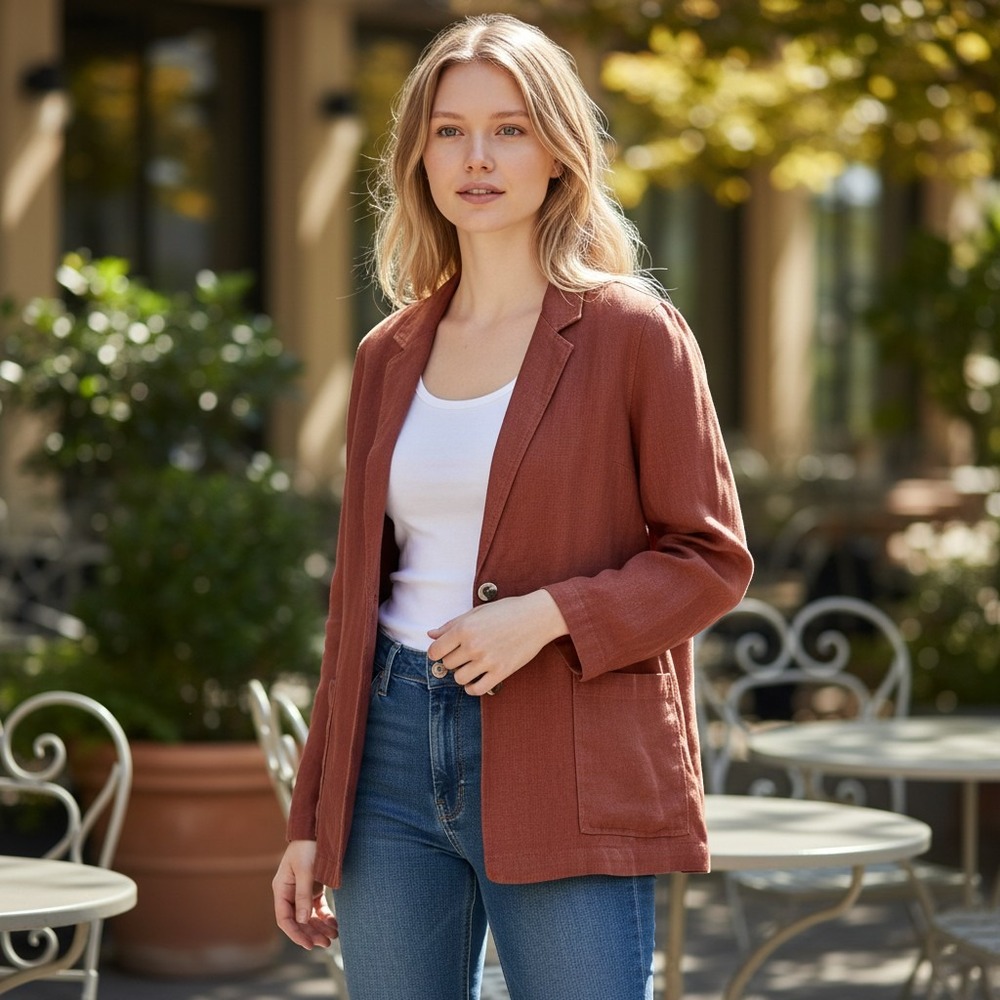 Coldwater Creek Linen Boyfriend Jacket in Terracotta Size Medium